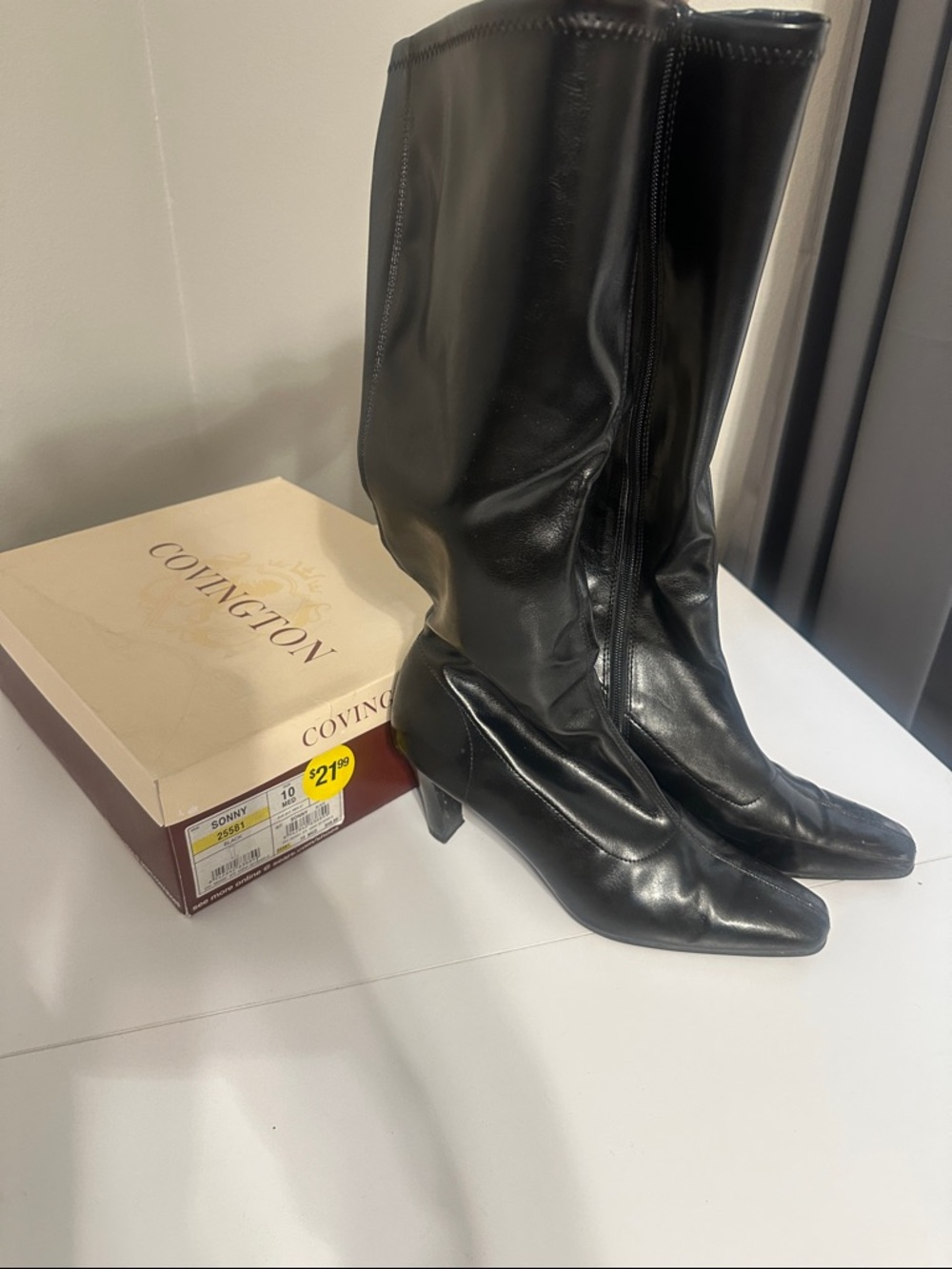 Covington Black Leather Mid-Calf Heeled Boots